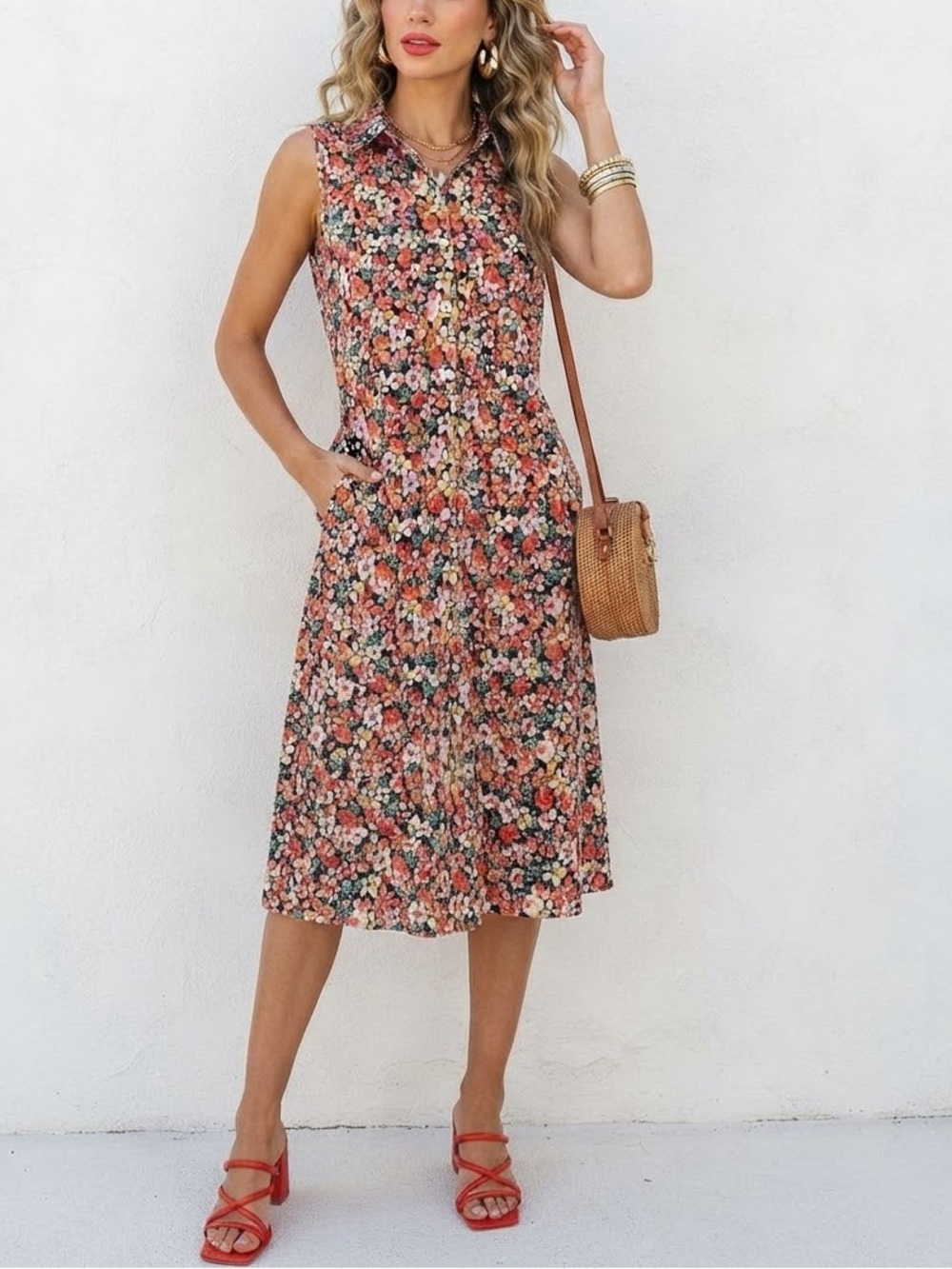MSK Floral Sleeveless Shirt Dress Button Down Shift Tunic Coral Navy🧡